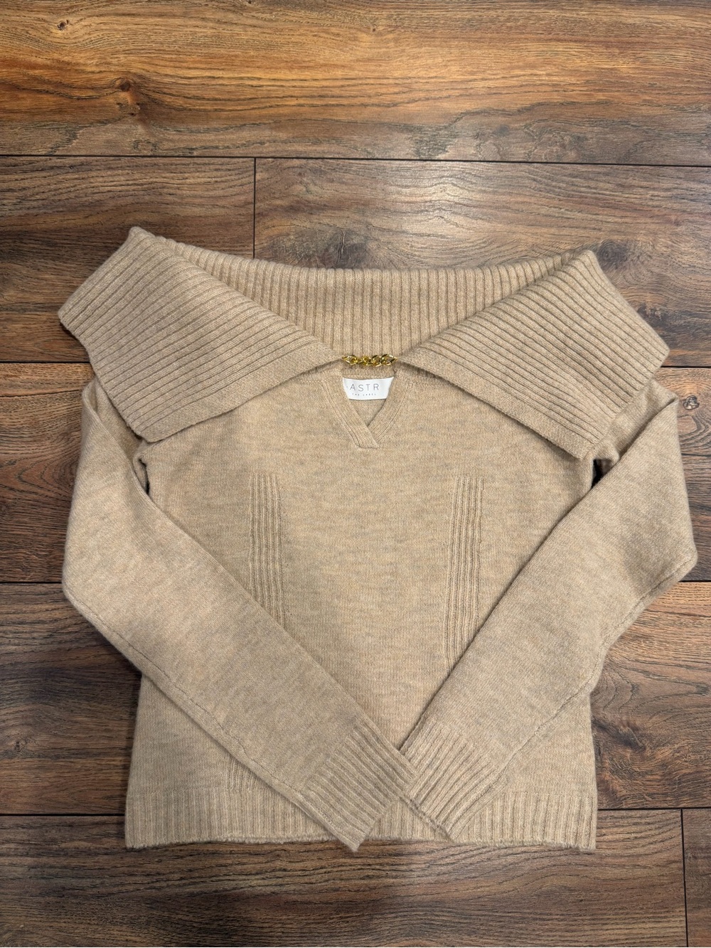 ASTR The Label Zella Taupe Off Shoulder Sweater Gold Chain Detail